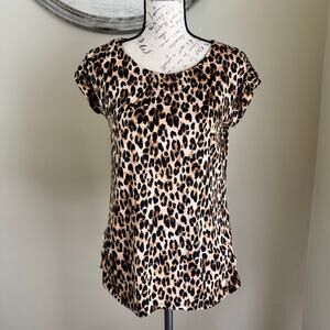 FLT Studio Leopard Print Blouse Women’s Size Small Satin Feel Short Sleeve Top